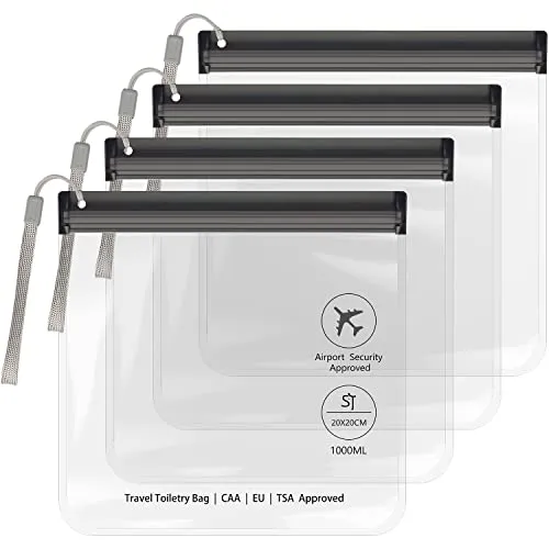 SLIJAR 4 Stück Transparent Kulturtasche mit Lanyard,Flugzeug Beutel Flüssigkeiten 20 x 20 cm,1 Liter Beutel Flugzeug Kulturbeutel,Reise Kosmetiktasche Reisegrößen Waschtasche für Damen & Herren