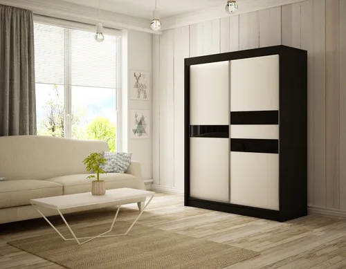 Kleiderschrank Alexis 150 cm inklusive 2 Schiebetüren Lieferung bis in die Wohnung Kleiderstange Garderobe Schrank (Farbe: schwarz, Front: weiß, lacobel schwarz)