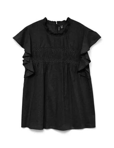 Vero Moda VMTrine Kurzarmbluse – Drapiert in Schwarz - Bluse aus 100% Baumwolle mit elegantem Stehkragen und raffiniertem Drapé-Design, ideal für stilvolle Looks im Alltag oder Büro.