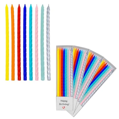 Spiralkerzen mit Halterung in 8 bunten Farben - 64 Stück - Geburtstagskerzen für Kuchen Torten Muffins - Happy Birthday Kuchenkerzen Kerzen für Geburtstag Hochzeit Jubiläum Party