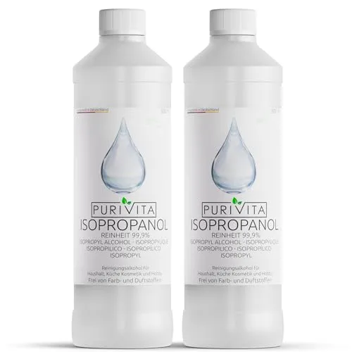 PURIVITA® Isopropanol 99,9% [2x1L] - Reinigungsalkohol Isopropanol - Reiner Alkohol zum Reinigen von Haushalt & Industrie - Isopropylalkohol - Desinfektionsmittel Reiner Alkohol - Ethylalkohol