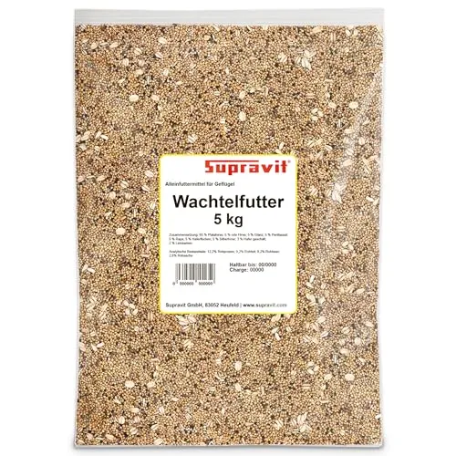 Supravit Wachtelfutter 5kg | Vollwertige Körnermischung für Wachteln, Legewachteln und Hühner als Alleinfutter | Wachtel Futter mit Hirse Glanz Perillasaat Raps Haferflocken Hafer und Leinsamen