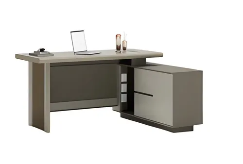 Moderner Schreibtisch in Grau und Beige mit Schubladen - Stylischer Schreibtisch aus Massivholz, ideal für die Büroorganisation. Mit praktischen Ablagefächern und einer Breite von 180 cm bietet er viel Platz für Ihre Arbeitsutensilien.