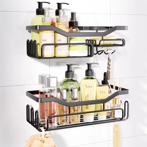 HapiRm Duschablage Ohne Bohren - Duschregal Ohne Bohren für Badezimmer und Küche, Duschkorb mit 11 Haken Seifenschale Rasiererhalter Shampoo Halterung für Dusche, Badezimmer Organizer, 3 Aufkleber