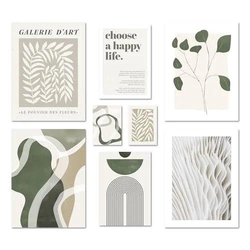 ARTFAVES® Poster Set - GREEN MID CENTURY - mehrteilige Wanddeko Wohnzimmer & Schlafzimmer - 8 moderne Wandbilder Abstrakte Formen, grün, beige - ohne Bilderrahmen