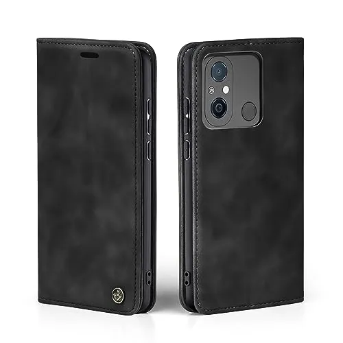 LBH Handyhülle für Xiaomi Redmi 12C in Schwarz mit Karten- und Geldfach Smartphone Hülle mit Standfunktion Flip Case Schutzhülle Magnetverschluss Vintage