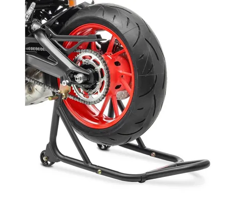 ConStands Motorrad Montageständer Hinten XM Racing Schwarz-Matt - Ständer für sicheres Aufbocken des Hinterrades, extrem stabil mit gummierten Aufnahmen zum Schutz der Schwinge und geeignet für fast jede Maschine.
