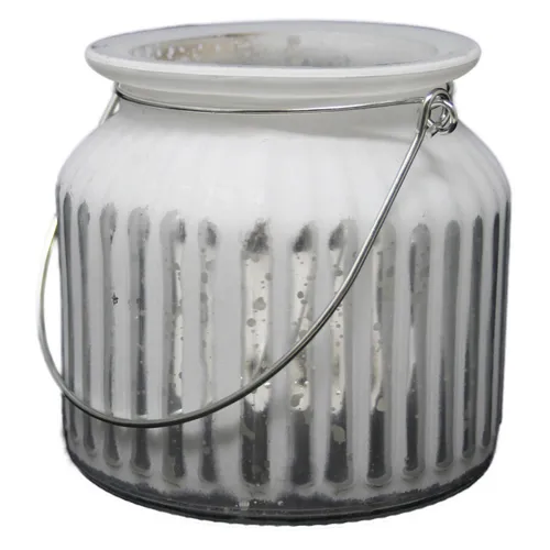 Windlichtglas geriffelt mit 10 LED Farbe weiß silber Höhe 11cm