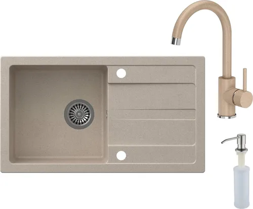 VBChome Spülbecken mit Armatur 77 x 44 cm Beige Einzelbecken Einbauspüle Abtroffläche Gesprenkelt Reversibel Granitspüle Siphon Spülmittelspender Armatur