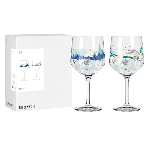 RITZENHOFF Gin Kelch 700 ml 2er Set - Entdecker Serie mit buntem Van-Motiv - Stilvolles 2er Set Stielgläser für Gin und Longdrinks, gefertigt aus hochwertigem Kristallglas. Mit buntem Design und spülmaschinengeeignet, ideal für besondere Anlässe und das sommerliche Flair.