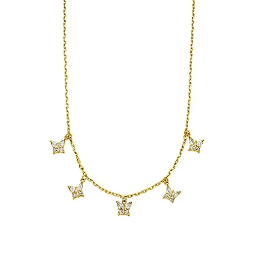 Purelei® Butterfly Kette (Gold) - Wasserfeste Damenhalskette aus Edelstahl mit 5 glitzernden Schmetterlings-Anhängern, verstellbar von 40-45 cm, ideal als Geschenk für Frauen und perfekt kombinierbar.