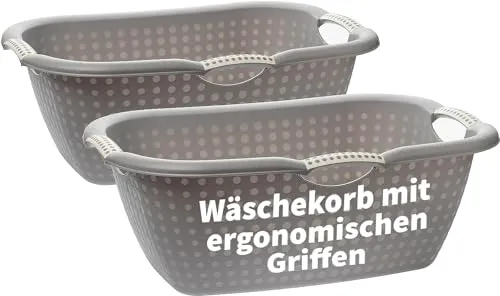 Wäschekorb 2er Set, 28 Liter - Wäschewanne GroÃŸ mit ergonomischen Griffen, Robuster Wäschekorb Plastik, für Innen- und AuÃŸenbereich, 60 x 40 x 22 cm, Grau, Made in EU