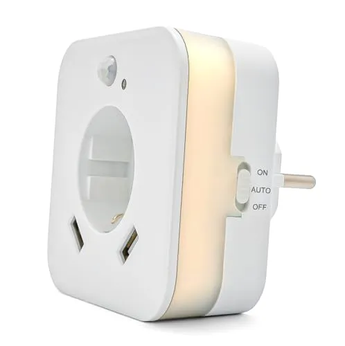 smrter LED-Nachtlicht mit Bewegungsmelder und Steckdose, 2x USB 2.4A, weiß, automatischer Lichtsensor, GS (geprüfte Sicherheit) (1 Stück)
