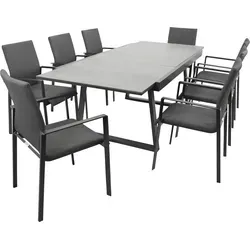 DEGAMO Gartenset REIMS 9-teilig - Exklusive Gartenmöbel-Sets für stilvolles Outdoor-Wohnen. Genießen Sie gesellige Stunden mit Platz für bis zu 10 Personen – ausziehbarer Tisch und wetterfeste, bequeme Sessel.
