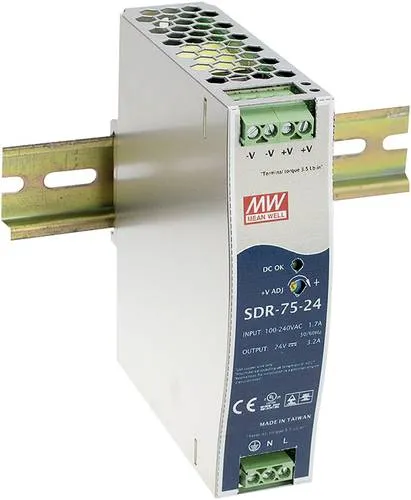 Mean Well MW SDR-75-12 Hutschienen-Netzteil - Hutschienen-Netzteil für die Montage im SLIM-Metallgehäuse, mit 12 V/DC und 6.3A Leistung, ideal für platzsparende Anwendungen und einfache Installation.