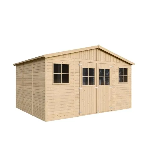 Gartenschuppen TIMBELA M331 - 12 m² Holz Abstellkammer mit Fenstern - Gerätehäuser mit 11,91 m² Lagerfläche, wasserdichtem Dach und viel Licht durch Fenster. Ideal für Werkzeuge, Fahrräder und mehr. Hergestellt aus langlebigem nordischem Holz.