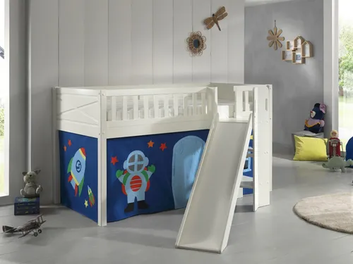 Spielbett Rutsche mit Vorhang und Lattenrost - Hochbett für Kinder 90x200 blau Weltraum - Hochwertiges Spielbett aus massivem Kiefernholz mit Rutsche und Vorhang im Weltraumdesign, ideal für kreative Kinderzimmer und viel Spaß beim Spielen.