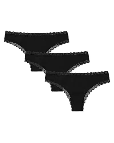 SNOCKS Tanga String Damen Unterhose (3-St) mit Spitze, schwarz M - Bequeme und elegante Tanga Strings in Schwarz, perfekt für jeden Tag. Mit druckfreiem Komfortbund und feiner Spitze für einen unsichtbaren Look unter der Kleidung.