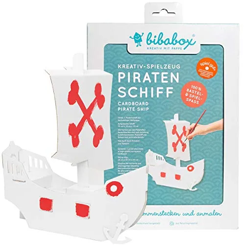 bibabox - Kleines Piratenschiff zum Basteln und Anmalen – Nachhaltiges Spielzeug und Bastelset Kinder, kleines Piratenschiff für Kinder, tolles Geschenk Mädchen und Jungen