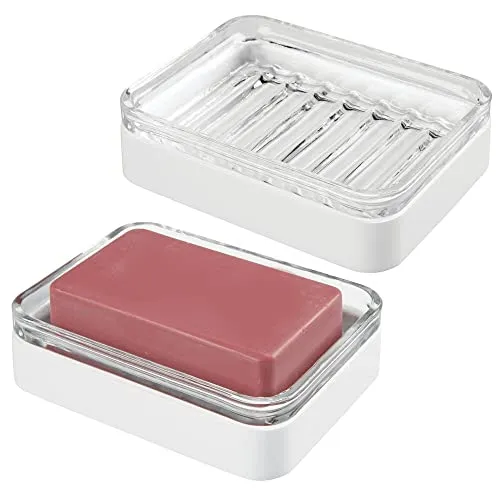 mDesign Seifenschale aus Bambus und Glas (2er Set) - Seifenschale praktisch und umweltfreundlich - Seifenschale für Bad oder Küche - transparent/weiß