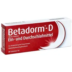 Betadorm D 20 ST - Schlafmittel - Arzneimittel zur Kurzzeitbehandlung von Schlafstörungen, enthält Diphenhydraminhydrochlorid und bietet schnelle Linderung für erholsamen Schlaf.