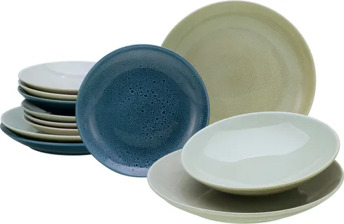 CreaTable 19789 SISU 12-teiliges Geschirrset - Tafelservice mit 12 einzigartigen Steinzeugstücken in skandinavischen Farben, spülmaschinen- und mikrowellengeeignet, ideal für stilvolle Tischdekoration.