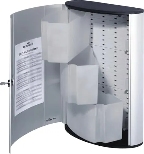 Durable Erste Hilfe Kasten First Aid Box L, abschließbar und aus Aluminium - Erste Hilfe Kasten aus Aluminium, abschließbar und ideal für die betriebliche Anwendung. Bietet Platz für DIN 13157 Füllungen und ist mit zwei Innenfächern ausgestattet.