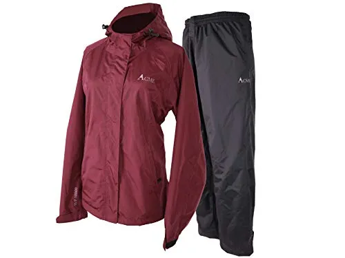 Acme Projects Regenanzug (Jacke + Hose), 100% wasserdicht, atmungsaktiv, 10000 mm / 3000 g, YKK-Reißverschluss (Frauen, 36, Burgunderrot)