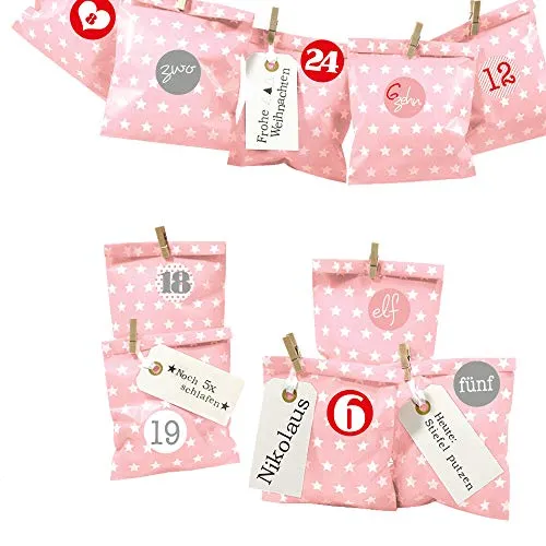 Frau WUNDERVoll® DIY Adventskalender zum Befüllen Bescherung: Set Stern 109, Papiertueten flach 13x16,5cm, rosa Stern, Ziffern rosa-rot