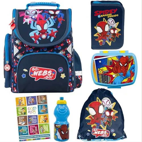 Goldkids - Schulranzen für Jungen und Mädchen, 6er-Set - Schul-Rucksack für Kinder mit Federmäppchen - Schuhbeutel und Hausaufgabenheft - Spiderman Motiv - 1-3 Klasse