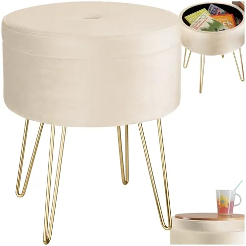 tectake® 3-in-1 Sitzhocker mit Stauraum - Creme - Stilvolle Hocker, eleganter Hocker aus Samt mit Stauraum, bis 300 kg belastbar und vielseitig als Beistelltisch oder Fußablage einsetzbar.