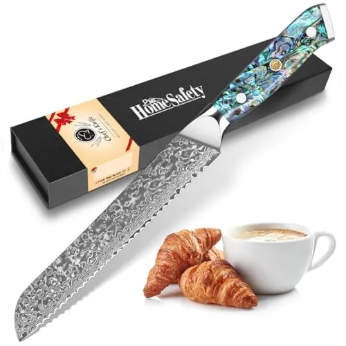Home Safety Damast Brotmesser mit Wellenschliff, Sägemesser 20cm Küchenmesser Scharf aus 67 Lagen VG-10 Damaststahl Damast Brötchenmesser, Abalone-Muschel Griff, Geschenkbox