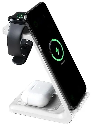 Callstel Tisch-Ladestation: 3in1-Ladestation 20 Watt für iPhone, Apple Watch & AirPods, weiß (für Apple Geräte, Schnellladestationen für, Uhr)