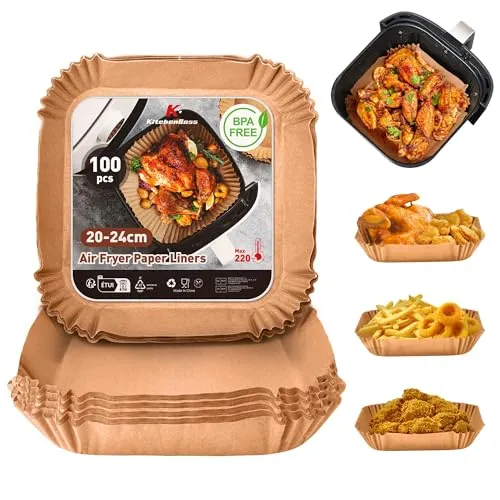 KitchenBoss 100 Stück Airfryer Backpapier für Heißluftfritteuse: 20-24cm Air Fryer Backpapier Antihaft Wasserdicht Ölfest Einwegschalen Luftfritteuse Pergamentpapier Liner für COSORI,Ofen, Mikrowelle