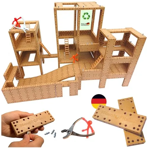 Mount-Flix Basis-Set kreatives Kinderspielzeug aus geprüftem flexiblen Recycling-Material, vielseitiger Konstruktions-Bausatz mit 160 Bausteinen inkl. Zange und Steckstiften