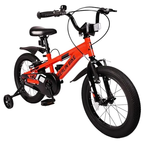 BERLIN BIKE Kinderfahrrad 16 Zoll mit Stützrädern, V Brake Bremsen und Klingel für Jungen und Mädchen 4 bis 7 Jahre, mit Schutzblech vorne und hinten
