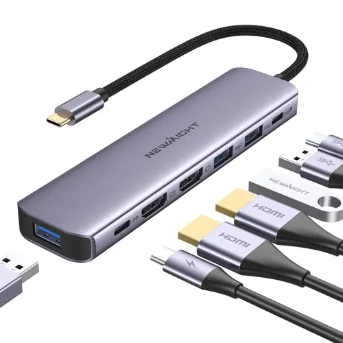 Adapter USB C auf Dual Hdmi, Newmight 7 in 1 USB C Docking Station Dual Monitor mit 2 HDMI, 3 USB3.0, 100 W PD, USB C 3.0 Ports, kompatibel mit Dell, HP, iPhone 15 Serie