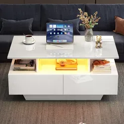 Couchtisch Aus Spanplatte Weiß Hochglanz 90x55x41 Cm Mit Led Und 2 Schubladen