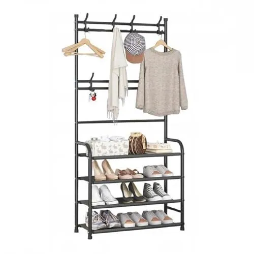 QLS Garderobenständer mit Schuhregal – 8 Haken & 4 Ebenen, Freistehend Schwarz - Multifunktionaler Garderobenständer mit 16 Haken und 4 Ablagen für Kleidung und Schuhe – ideal für Flur und Büros, platzsparendes Design für mehr Ordnung.