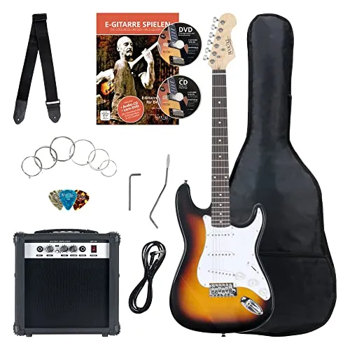 Rocktile Banger's Pack Komplettset E-Gitarre Sunburst - E-Gitarren-Set für Einsteiger im ST Design, inklusive Verstärker, Tasche und Lehrmaterial. Hochwertiger Klang und umfassendes Zubehör für den perfekten Start in die Musik.