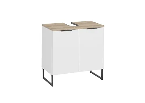 möbelando Waschbeckenunterschrank >Denver< weiß matt/Evoke Eiche dekor, 2 Türen, Soft-Close, FSC-Zertifiziert, U-Profil Metallfüße, Siphonausschnitt, 60x60x35 (BxHxT)