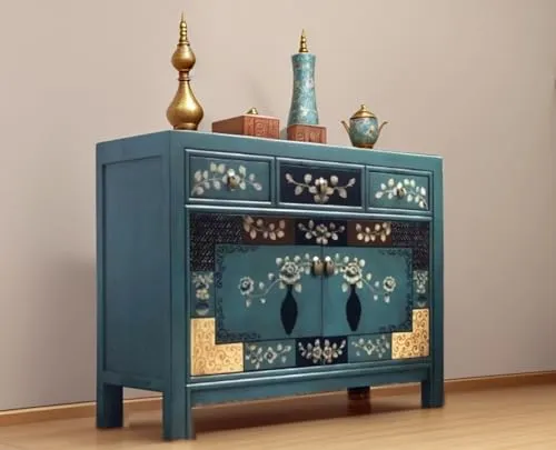 OPIUM OUTLET Chinesische Kommode im Vintage-Stil - Elegante Kommode aus Pappelholz in attraktiver blauer Farbe, komplett montiert und mit authentischen chinesischen Motiven - ideal für ein stilvolles Zuhause.