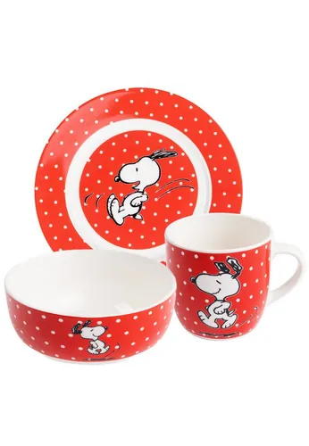Peanuts Frühstücks-Set Snoopy Red Dots 3-teilig - Schüsseln & Teller, farbenfrohes Porzellan-Set mit Snoopy-Design, ideal für ein fröhliches Frühstück.