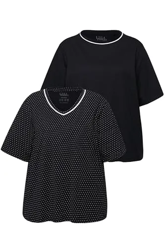 Ulla Popken Damen Plus Size Pyjama-Shirts, 2er-Pack - Nachthemden für Damen, 1 x uni und 1 x mit Punkten, bequeme Passform aus atmungsaktiver Baumwolle - ideal für eine erholsame Nacht.