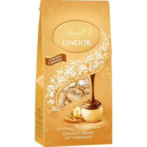 Lindt Schokolade | LINDOR Kugeln Golden Caramel, 100g Beutel, Geschenk | ca. 8 Kugeln, Vollmilch Schokolade, Karamell, Haselnuss-Stückchen, zum Teilen & Verschenken, zartschmelzend, Genussmomente