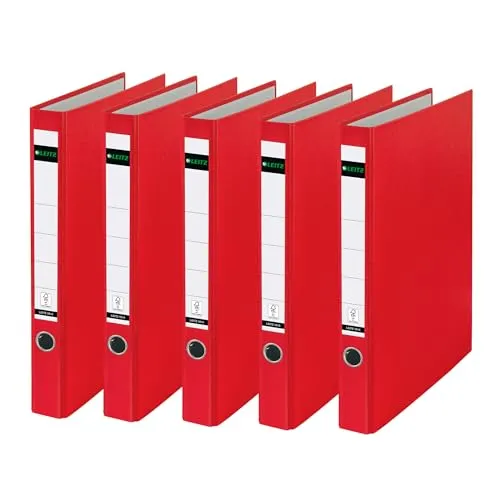 Leitz Plastik-Ringordner A4 5er Pack, Rot, 3,5 cm - Ordner für A4-Dokumente, ideal für Büro, Schule oder Zuhause. Schmutz- und feuchtigkeitsabweisend mit 2 D-Ringmechanik für bis zu 200 Blatt. Hohe Langlebigkeit dank PP-laminiertem Einband.