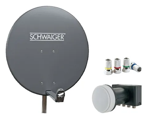 SCHWAIGER Satellitenschüssel Komplettset 75cm - SAT-Antenne mit 75 cm Offset Antenne für beste Empfangsleistung, ideal für bis zu 4 Fernseher, inklusive hochwertigem Quad LNB und Montagematerial für einfache Installation.