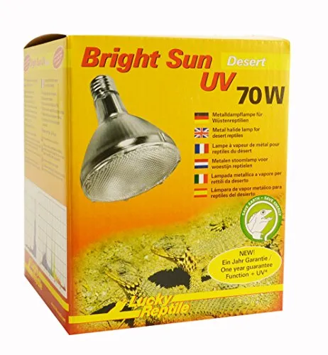 Lucky Reptile Bright Sun UV Desert 70 W - Metalldampflampe für E27 Fassungen - Metalldampflampe für Terrarien, optimiertes Tageslichtspektrum für Wüstenreptilien und sorgt für ein ideales Wohlfühlklima.