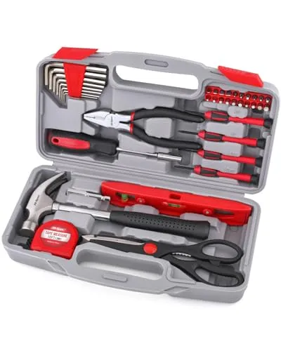 Hi-Spec 39-tlg. kleiner Werkzeugkoffer gefüllt mit essentiellen Werkzeugen wie Hammer, Wasserwaage, Massband und Schraubenzieher-Set für Projekte im Haushalt