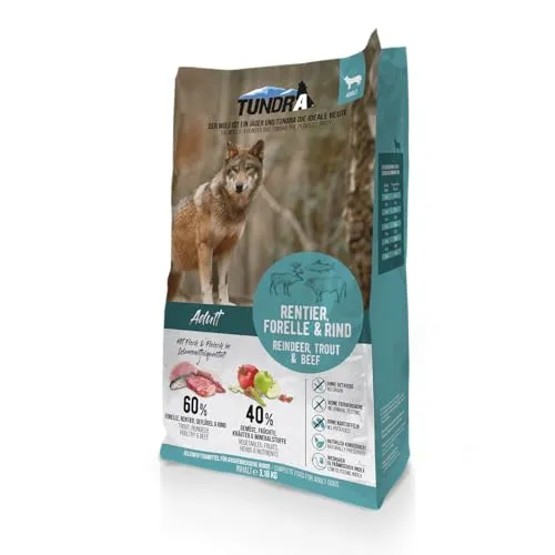Tundra Hundefutter Rentier, Forelle & Rind - getreidefrei 3,18 kg - Hundefutter, reich an hochwertigen Proteinen aus Rentier, Forelle und Rind, ideal für sensible Hunde und ganz ohne Getreide für eine optimale Verträglichkeit.
